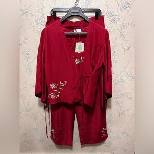 Silk Red Floral Embroidered Kimono 3 Pc Set Lounge Pajama PJ Night Clubbing Set